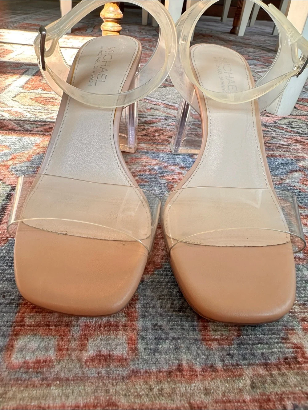 Michael by Michael Shannon Clear Lucite Block Heel Sandals Nude Size 9